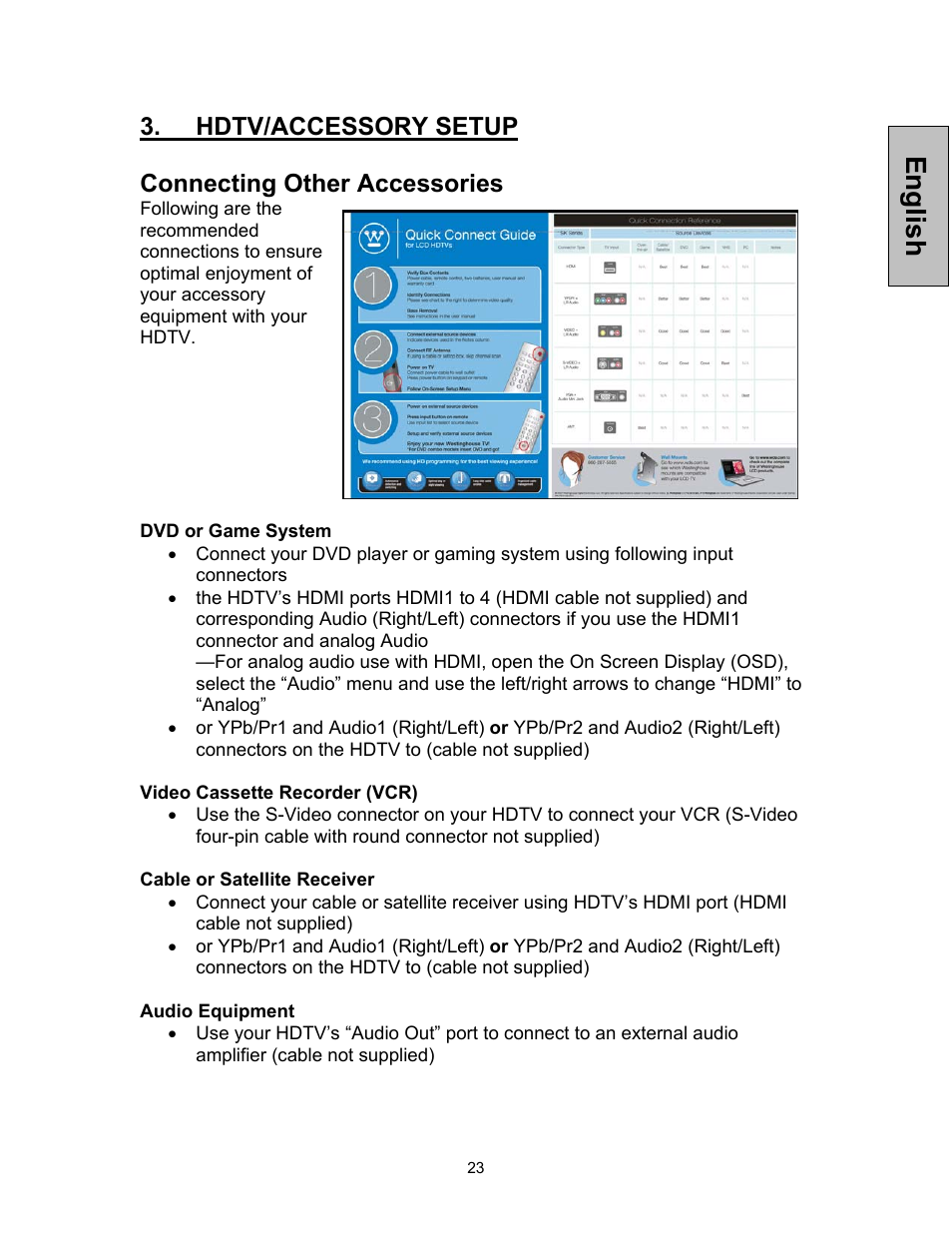 English, Hdtv/accessory setup connecting other accessories | Westinghouse VK-42F240S User Manual | Page 24 / 48