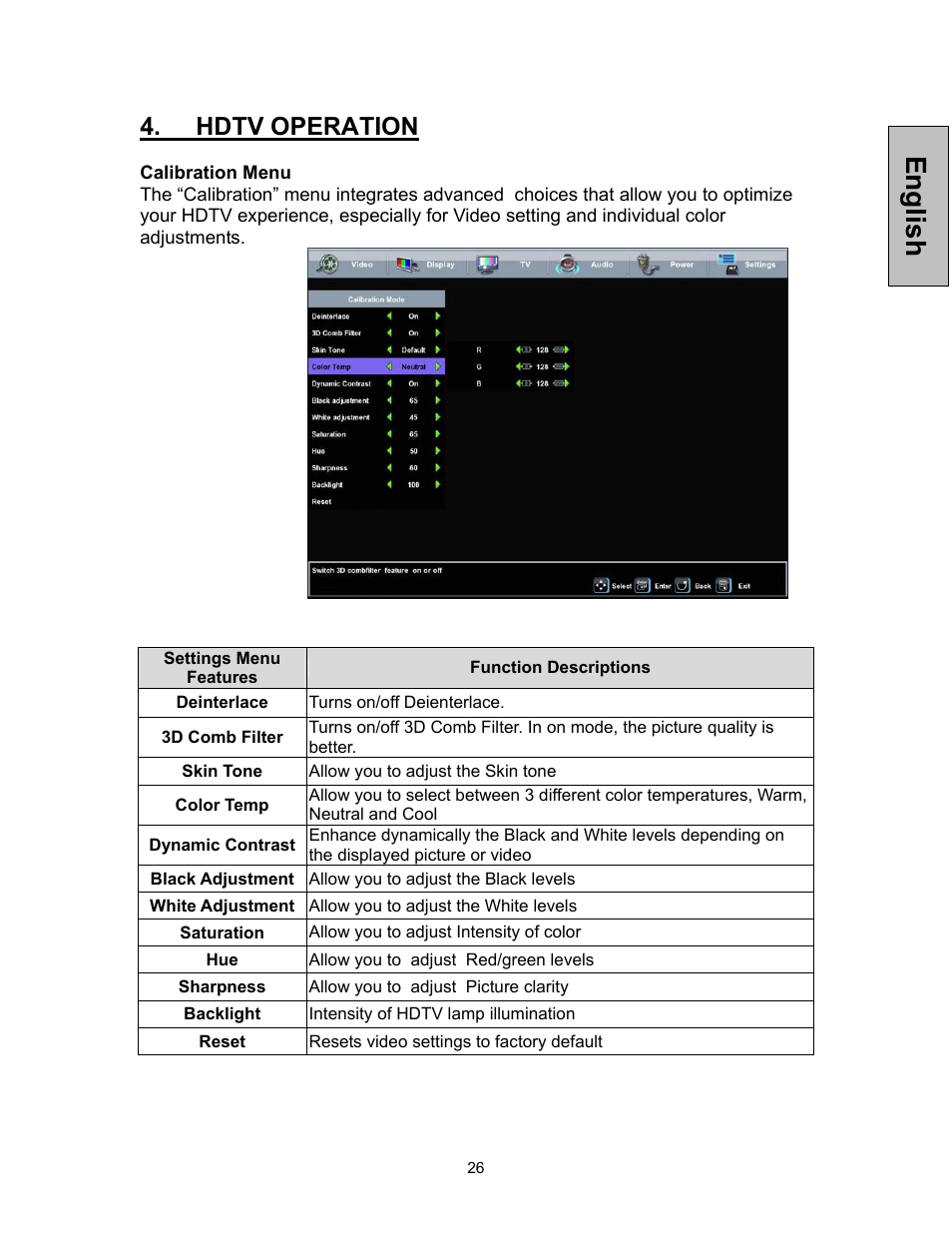 English, Hdtv operation | Westinghouse VK-42F240S User Manual | Page 27 / 48