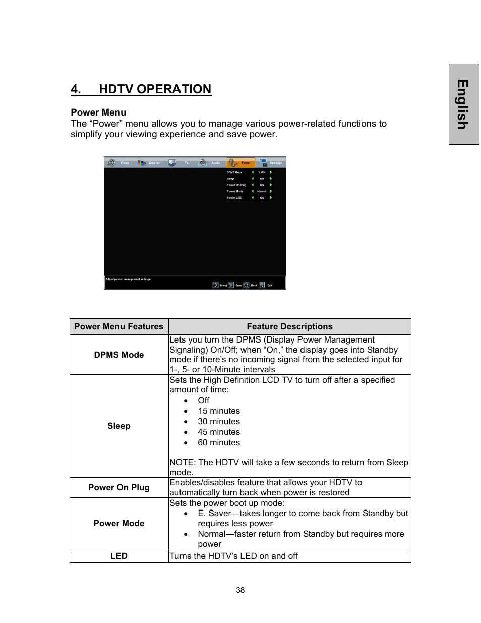 English, Hdtv operation | Westinghouse VK-42F240S User Manual | Page 39 / 48