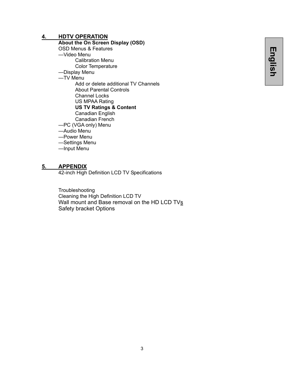 English | Westinghouse VK-42F240S User Manual | Page 4 / 48