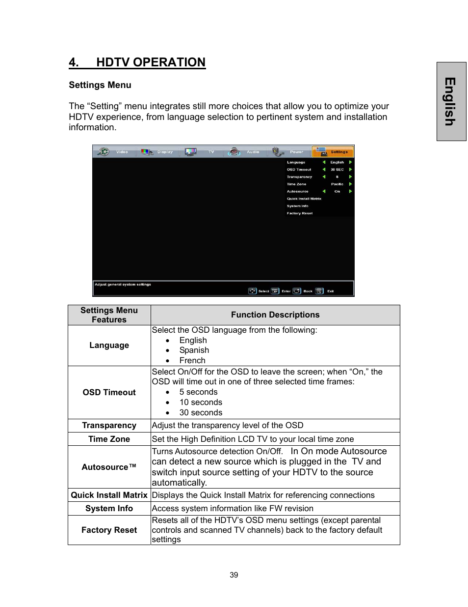 English, Hdtv operation | Westinghouse VK-42F240S User Manual | Page 40 / 48