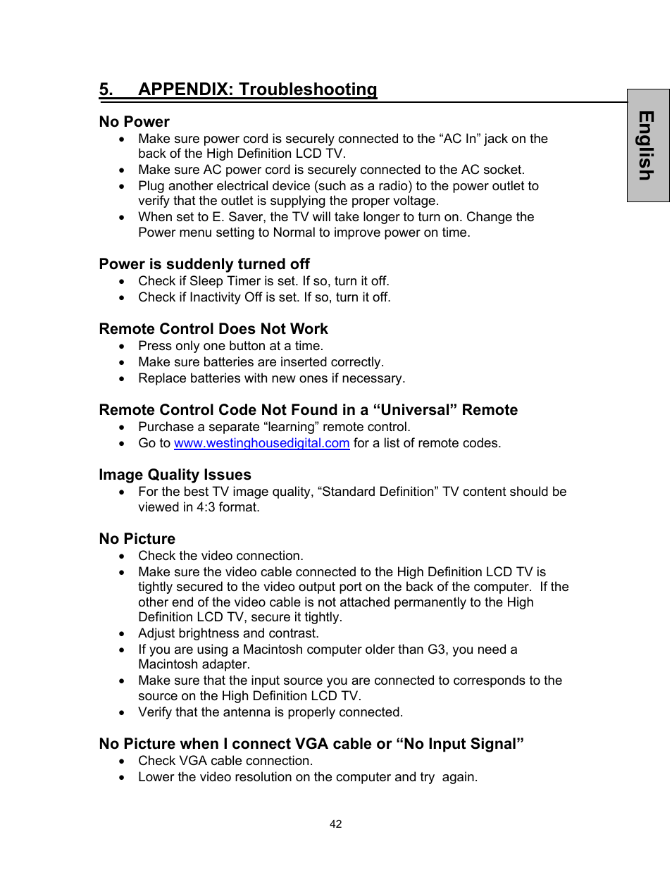 English, Appendix: troubleshooting | Westinghouse VK-42F240S User Manual | Page 43 / 48