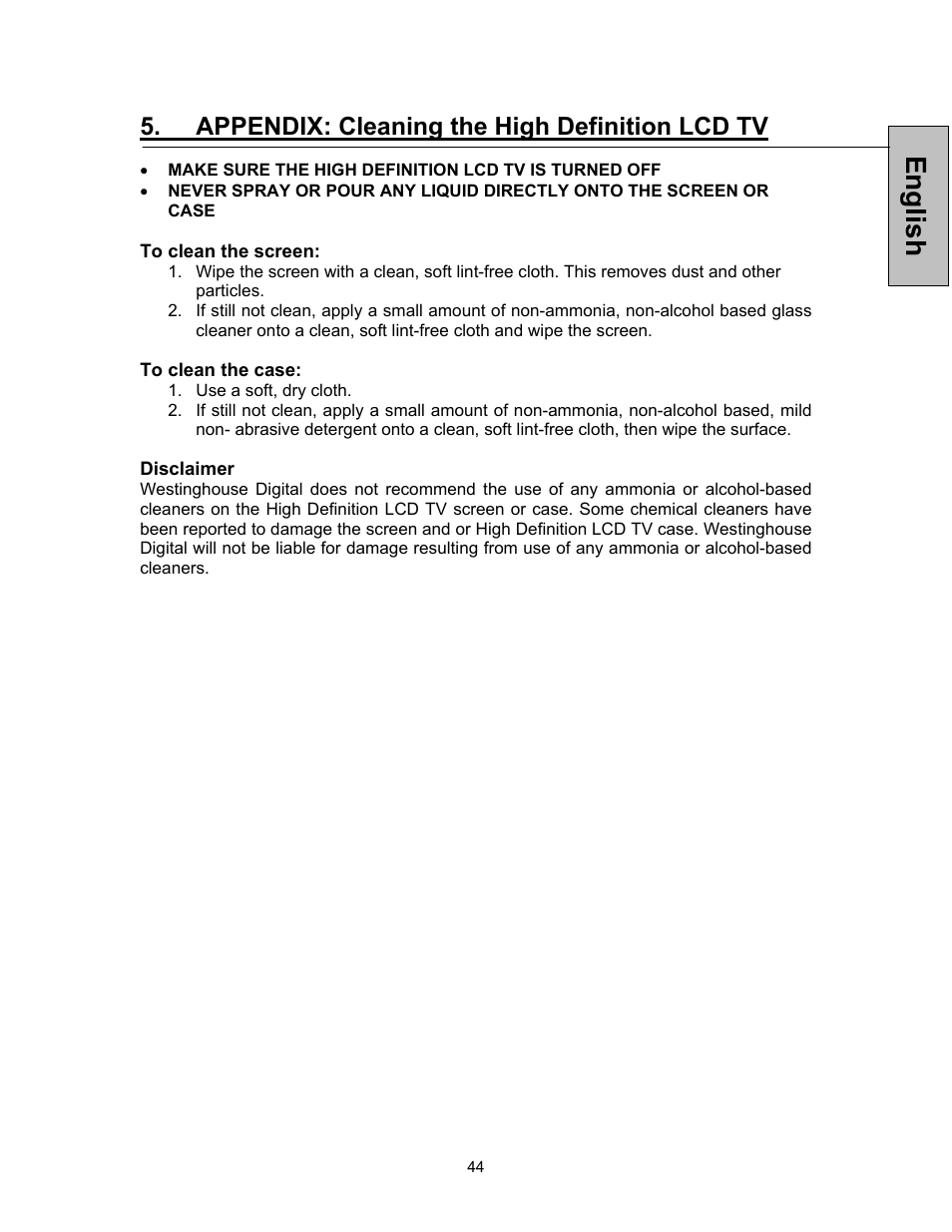 English, Appendix: cleaning the high definition lcd tv | Westinghouse VK-42F240S User Manual | Page 45 / 48