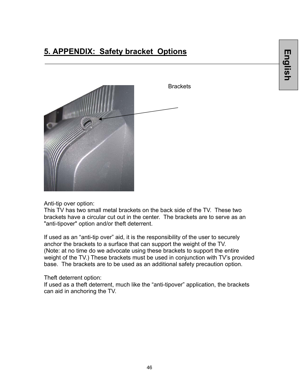 English, Appendix: safety bracket options | Westinghouse VK-42F240S User Manual | Page 47 / 48