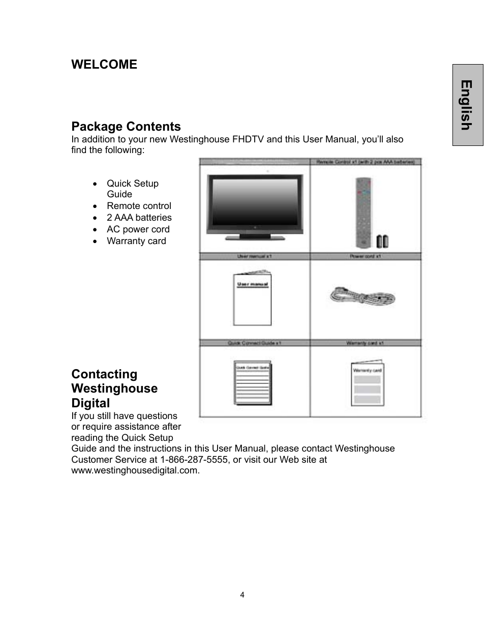 English, Welcome, Package contents | Contacting westinghouse digital | Westinghouse VK-42F240S User Manual | Page 5 / 48