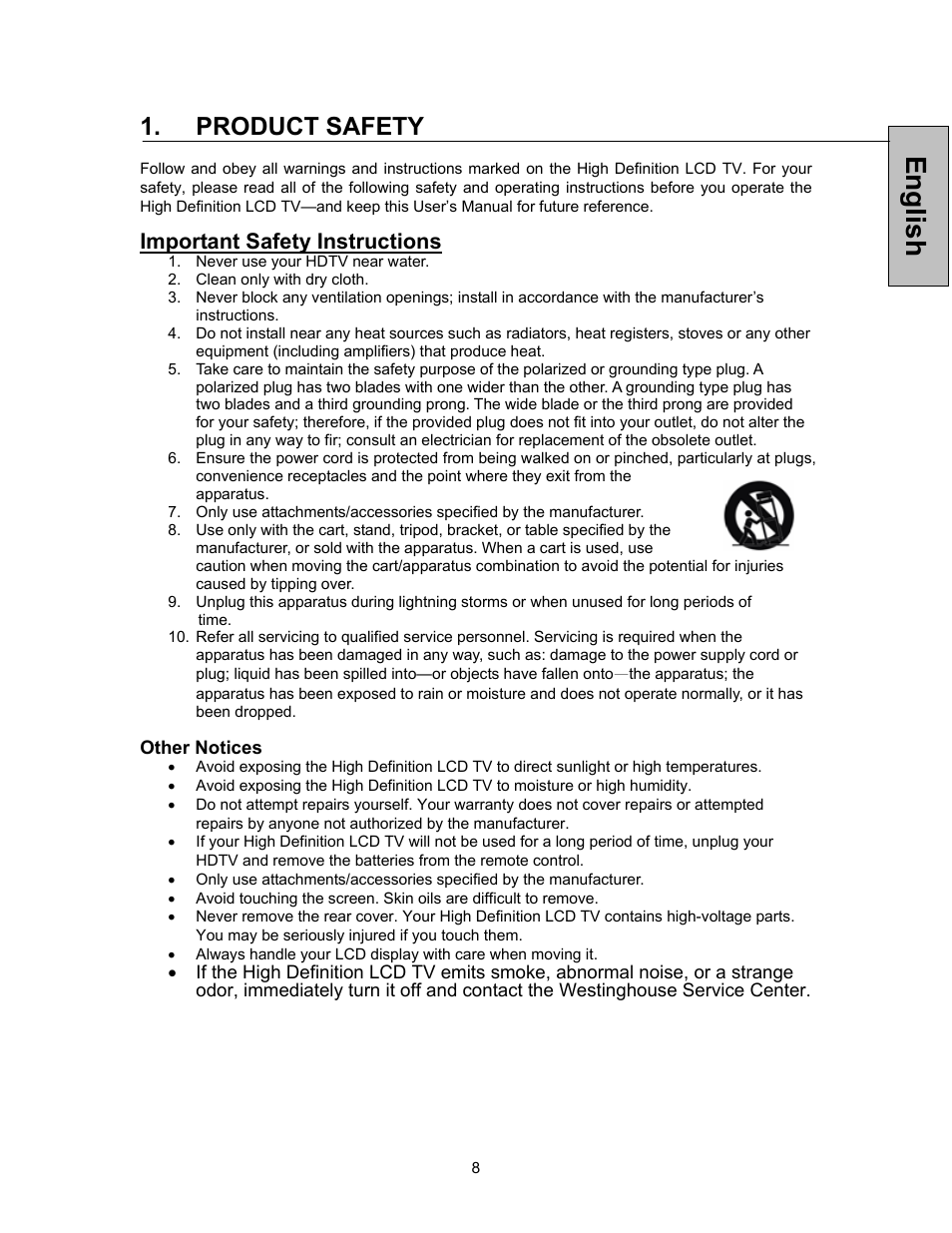 English, Product safety, Important safety instructions | Westinghouse VK-42F240S User Manual | Page 9 / 48