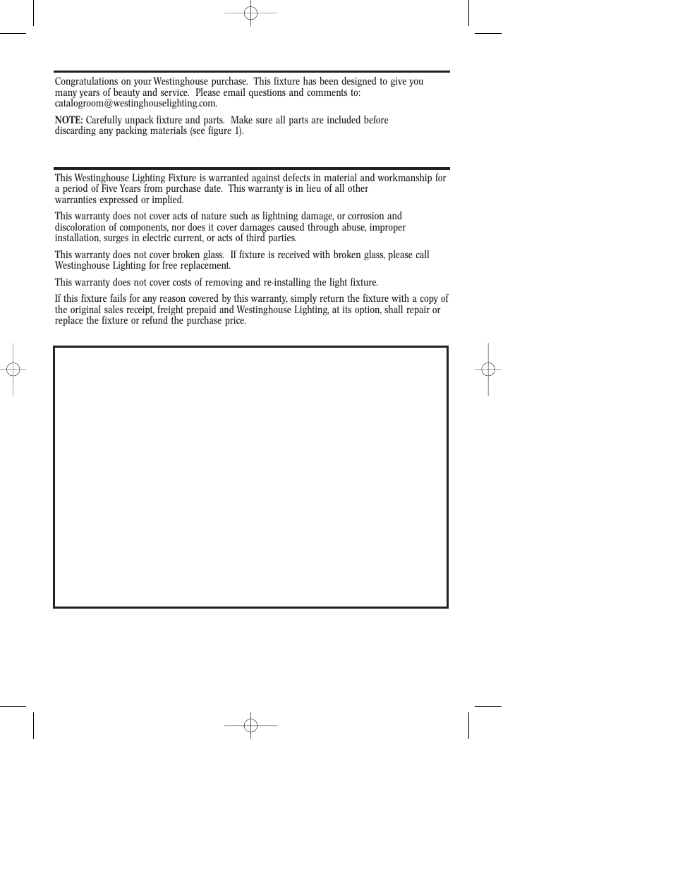 Assembly instructions for indoor light fixture, Warranty information | Westinghouse W-224 User Manual | Page 2 / 12