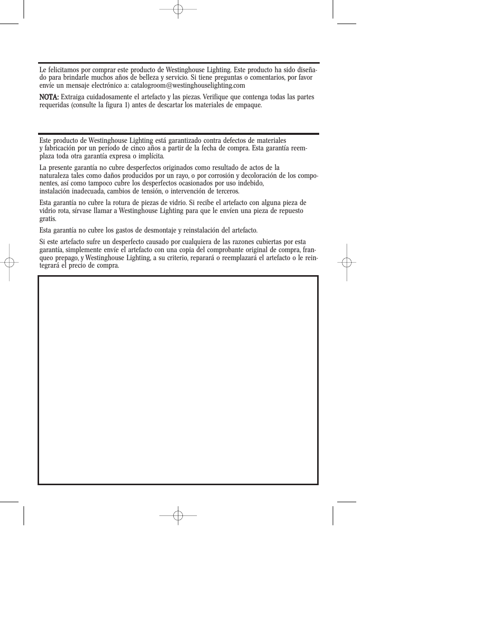 Garantía limitada de cinco años | Westinghouse W-224 User Manual | Page 8 / 12