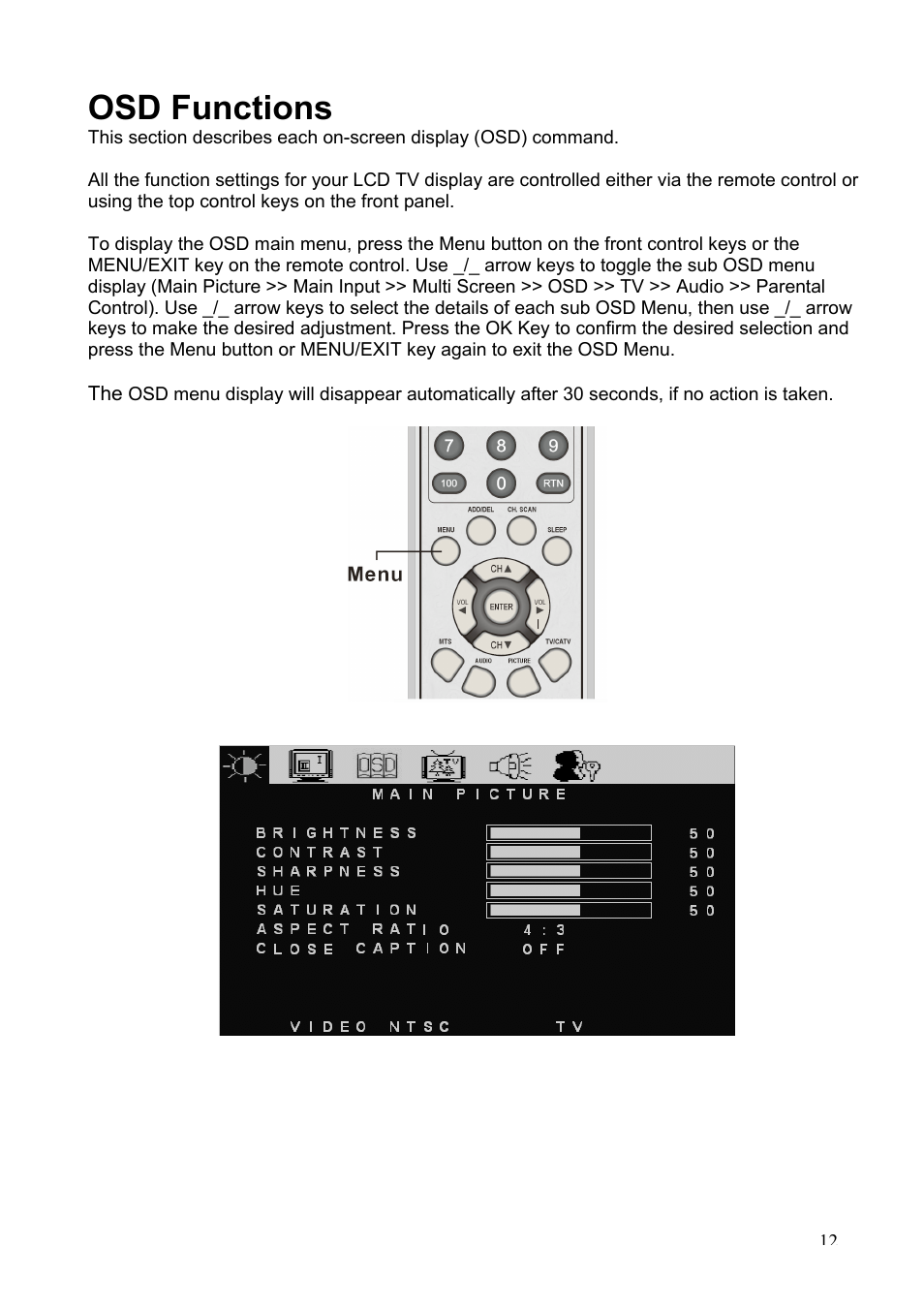 Osd functions | Westinghouse LTV-20v2 User Manual | Page 13 / 23