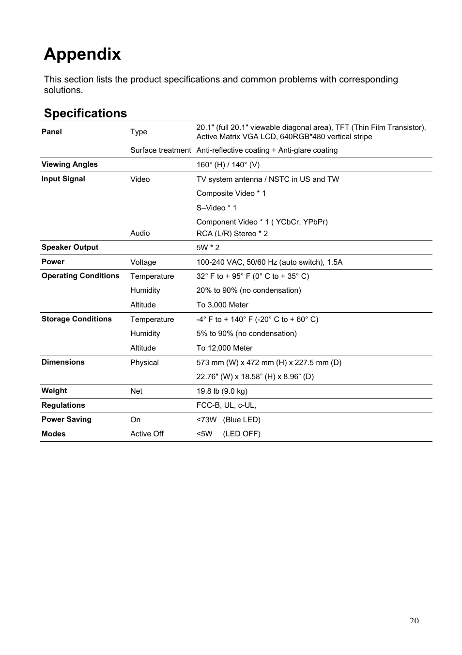 Appendix, Specifications | Westinghouse LTV-20v2 User Manual | Page 21 / 23
