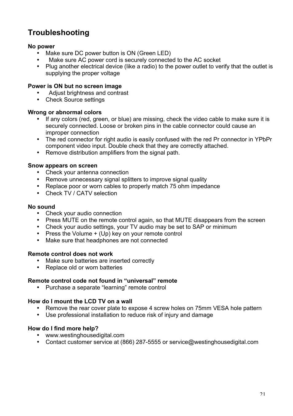 Troubleshooting | Westinghouse LTV-20v2 User Manual | Page 22 / 23