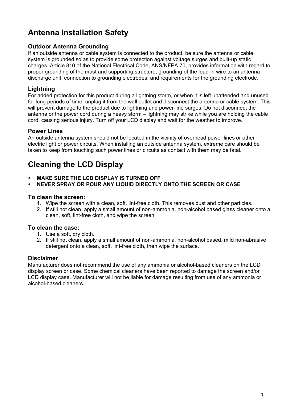 Antenna installation safety, Cleaning the lcd display | Westinghouse LTV-20v2 User Manual | Page 4 / 23