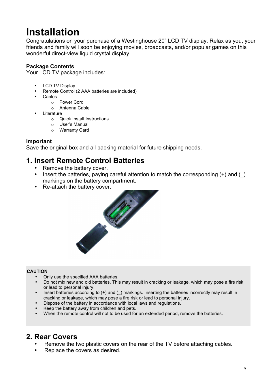 Installation, Insert remote control batteries, Rear covers | Westinghouse LTV-20v2 User Manual | Page 6 / 23