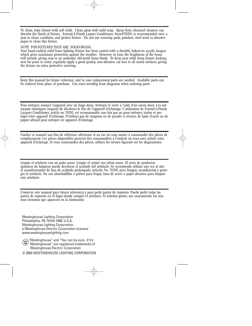 Cleaning and care, Ordering parts, Nettoyage et entretien | Commande de pièces, Limpieza y cuidado, Cómo solicitar partes de repuesto | Westinghouse W-185 User Manual | Page 12 / 12