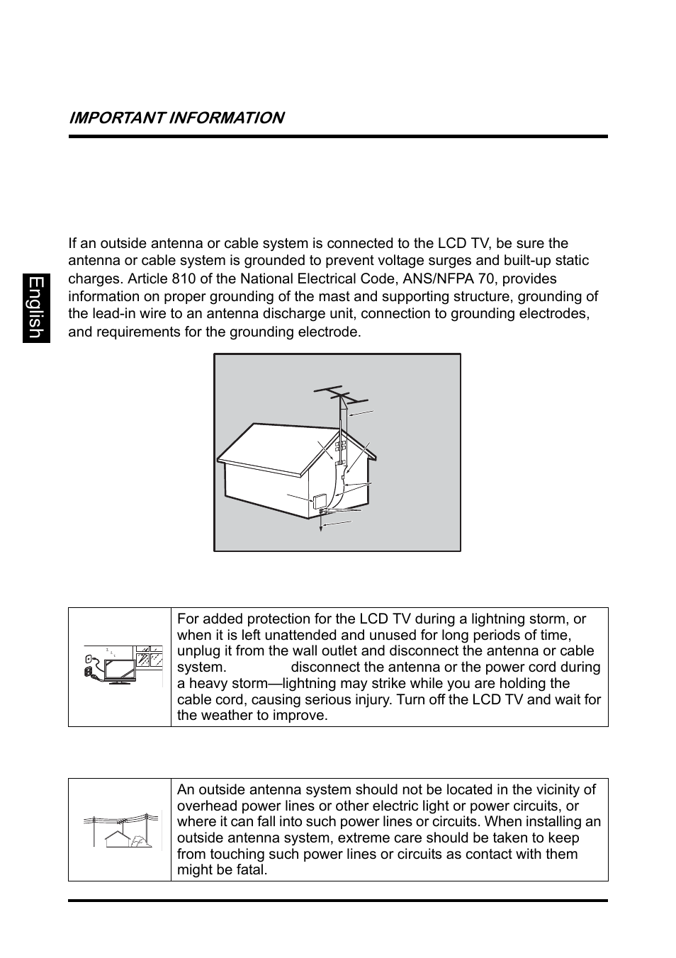 Antenna installation safety, Lighting, Power lines | English, Important information, Lighting power lines | Westinghouse SK-26H640G User Manual | Page 12 / 61