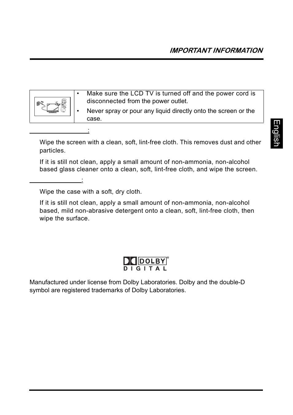 Cleaning the lcd tv, Dolby-digital notice, English | Westinghouse SK-26H640G User Manual | Page 13 / 61