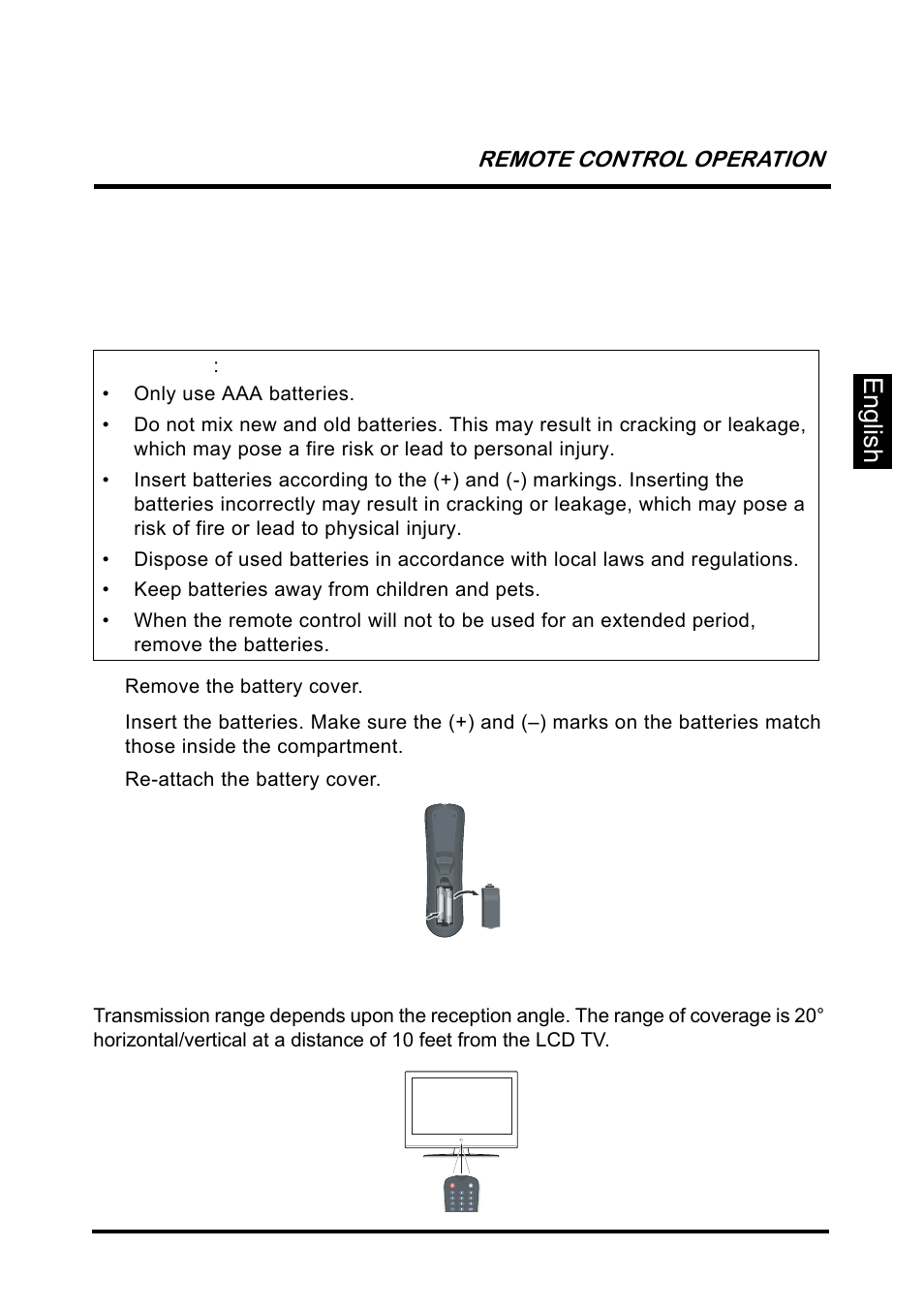 Remote control operation, Installing the remote control batteries, Remote control transmission range | English remote control operation | Westinghouse SK-26H640G User Manual | Page 19 / 61