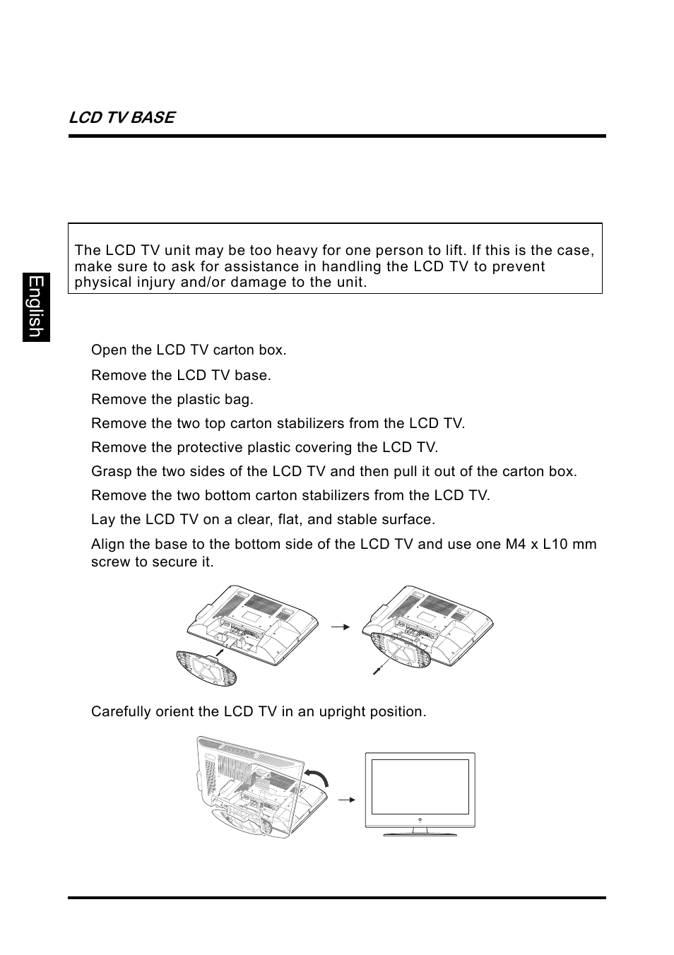 Lcd tv base, Installing the lcd tv base, English lcd tv base | Westinghouse SK-26H640G User Manual | Page 20 / 61