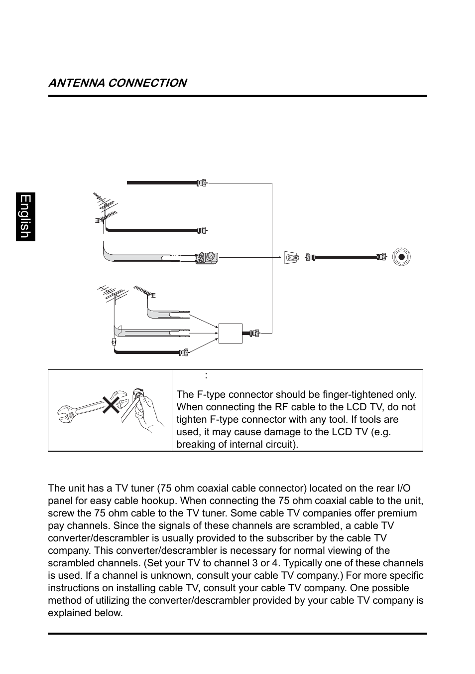 Antenna connection, Outdoor antenna connection, Cable tv (ctv/dtv) connection | English antenna connection | Westinghouse SK-26H640G User Manual | Page 22 / 61