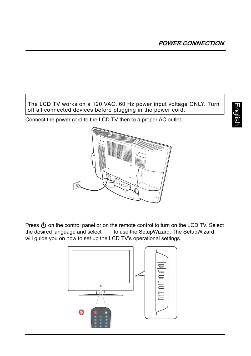 Power connection, Connecting ac power, Initial setup | English power connection | Westinghouse SK-26H640G User Manual | Page 25 / 61