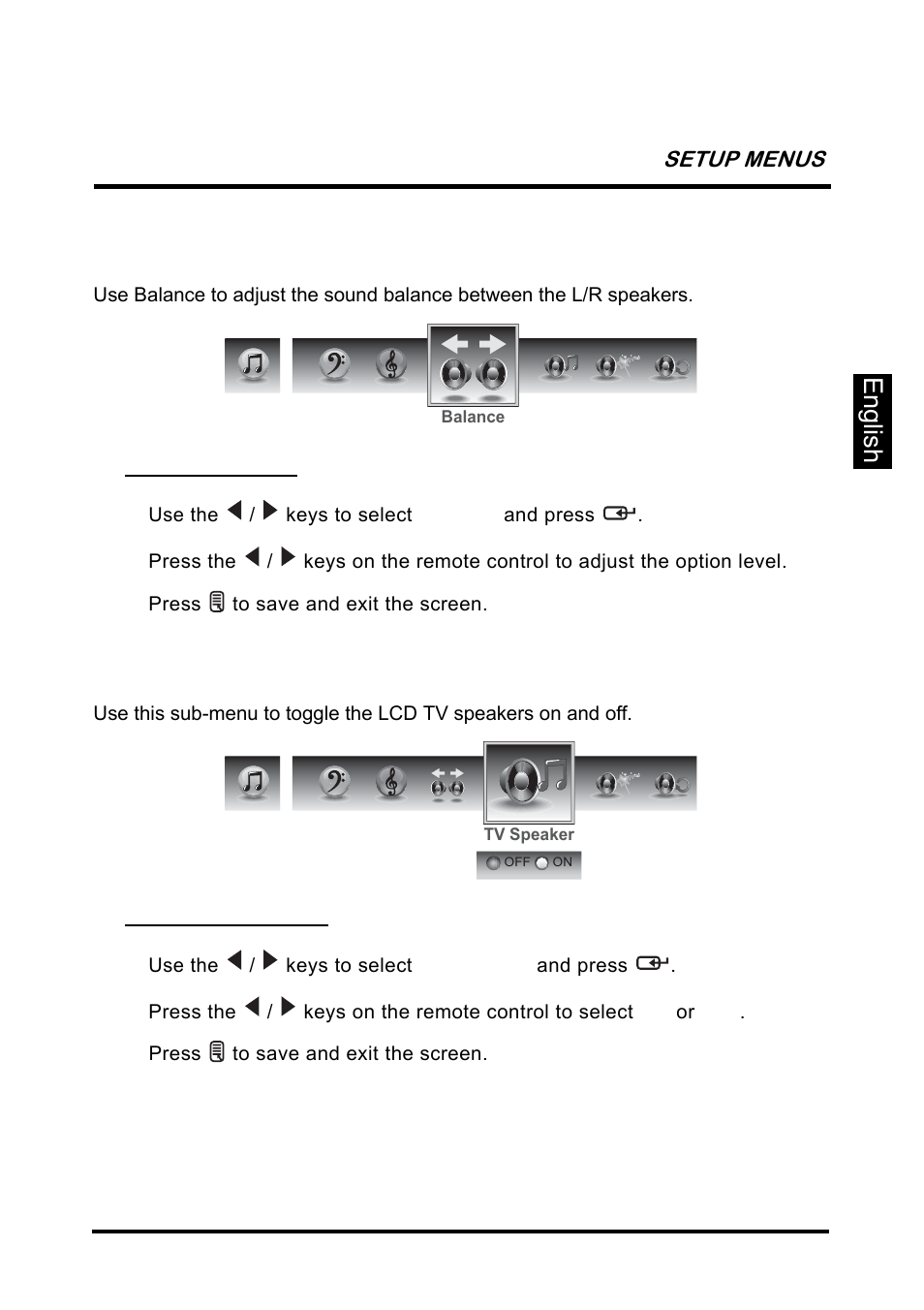 English, Balance, Tv speaker | Westinghouse SK-26H640G User Manual | Page 35 / 61