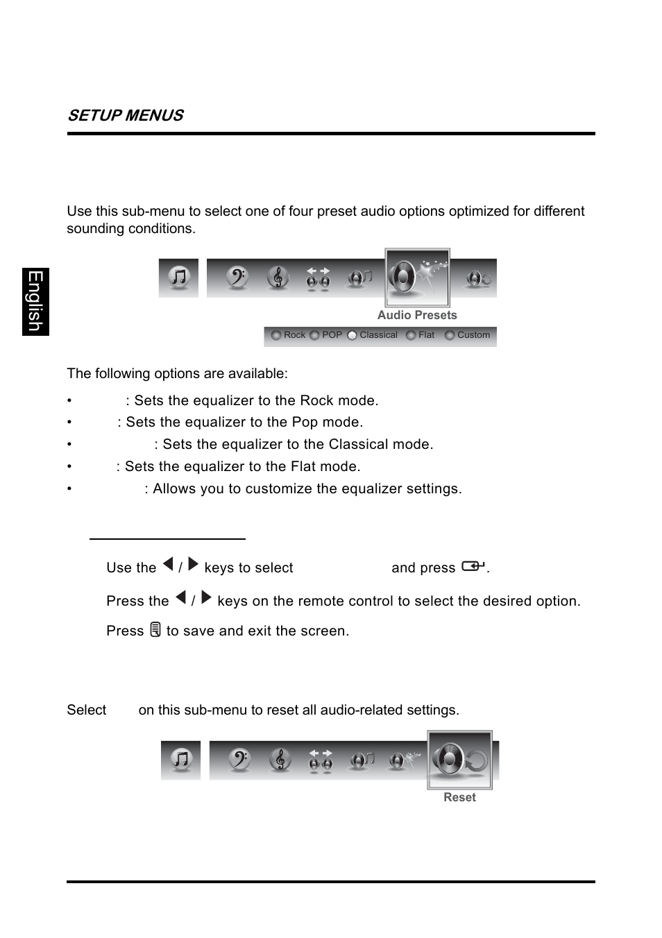 English, Audio preset, Reset | Setup menus | Westinghouse SK-26H640G User Manual | Page 36 / 61