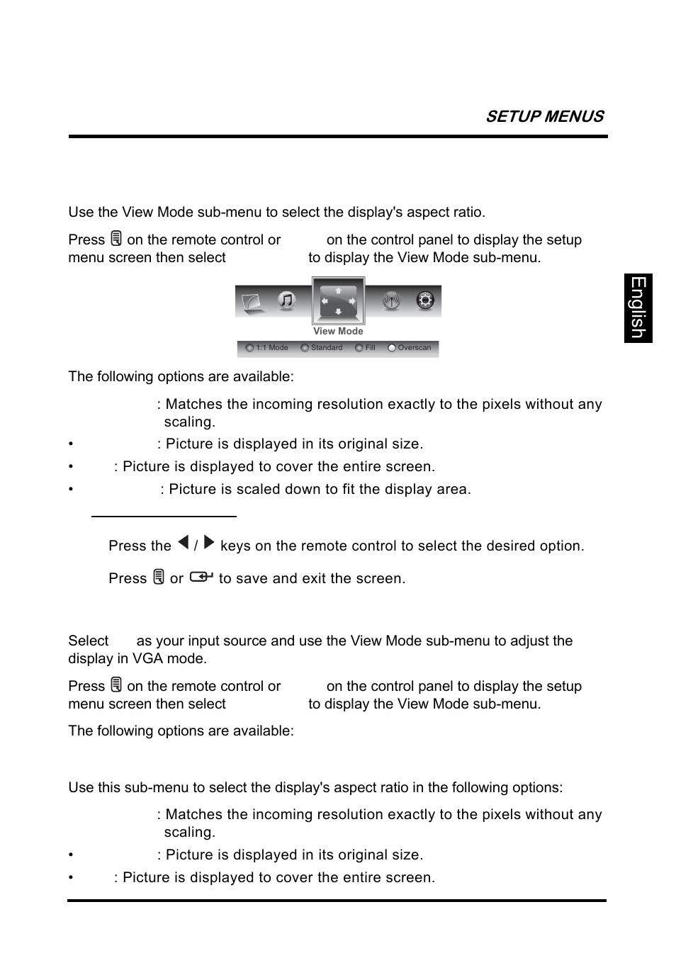 View mode, View mode (vga), English | Aspect ratio, Setup menus | Westinghouse SK-26H640G User Manual | Page 37 / 61