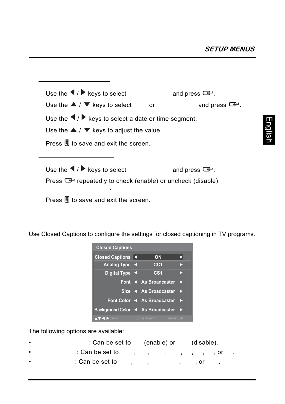 English, Closed captions, Setup menus | Westinghouse SK-26H640G User Manual | Page 45 / 61