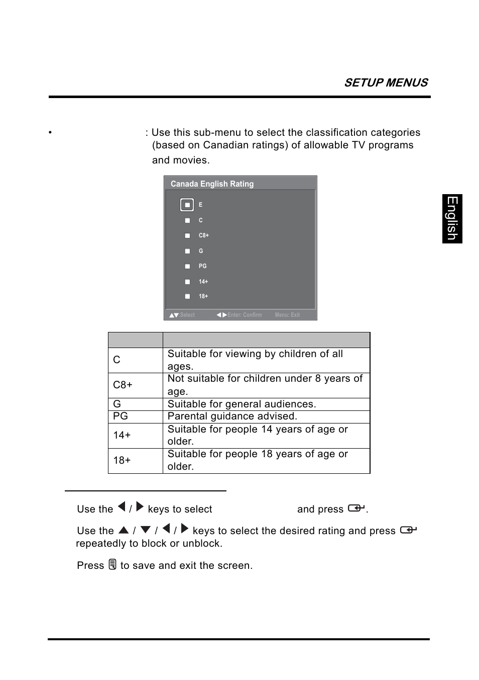 English, Setup menus | Westinghouse SK-26H640G User Manual | Page 49 / 61