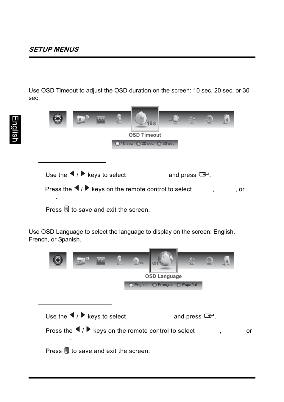 English, Osd timeout, Osd language | Setup menus | Westinghouse SK-26H640G User Manual | Page 52 / 61