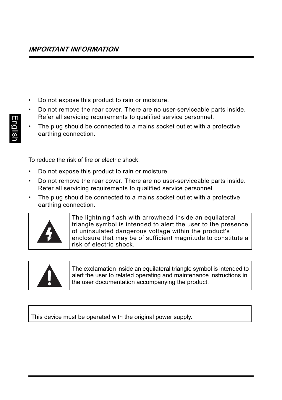 Important information, Warnings, Information | English | Westinghouse SK-26H640G User Manual | Page 6 / 61