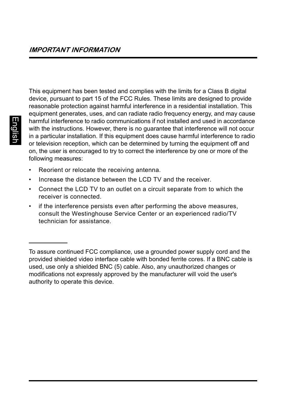 Fcc compliance statement, English | Westinghouse SK-26H640G User Manual | Page 8 / 61