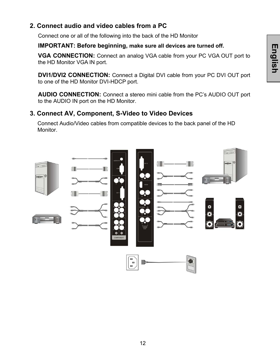 English, Connect audio and video cables from a pc, Connect av, component, s-video to video devices | Westinghouse 42-w2 User Manual | Page 14 / 24