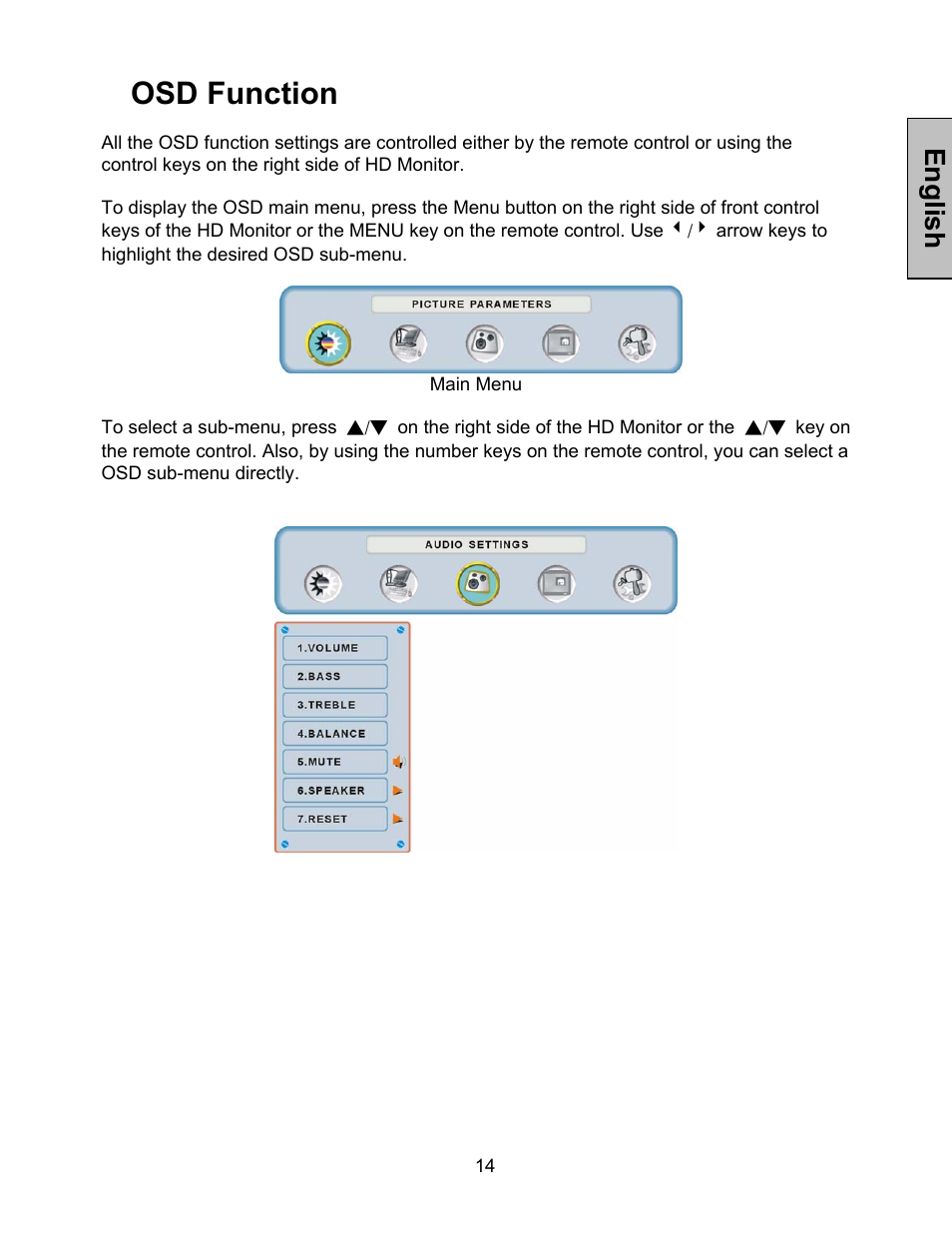 Osd function, English | Westinghouse 42-w2 User Manual | Page 16 / 24