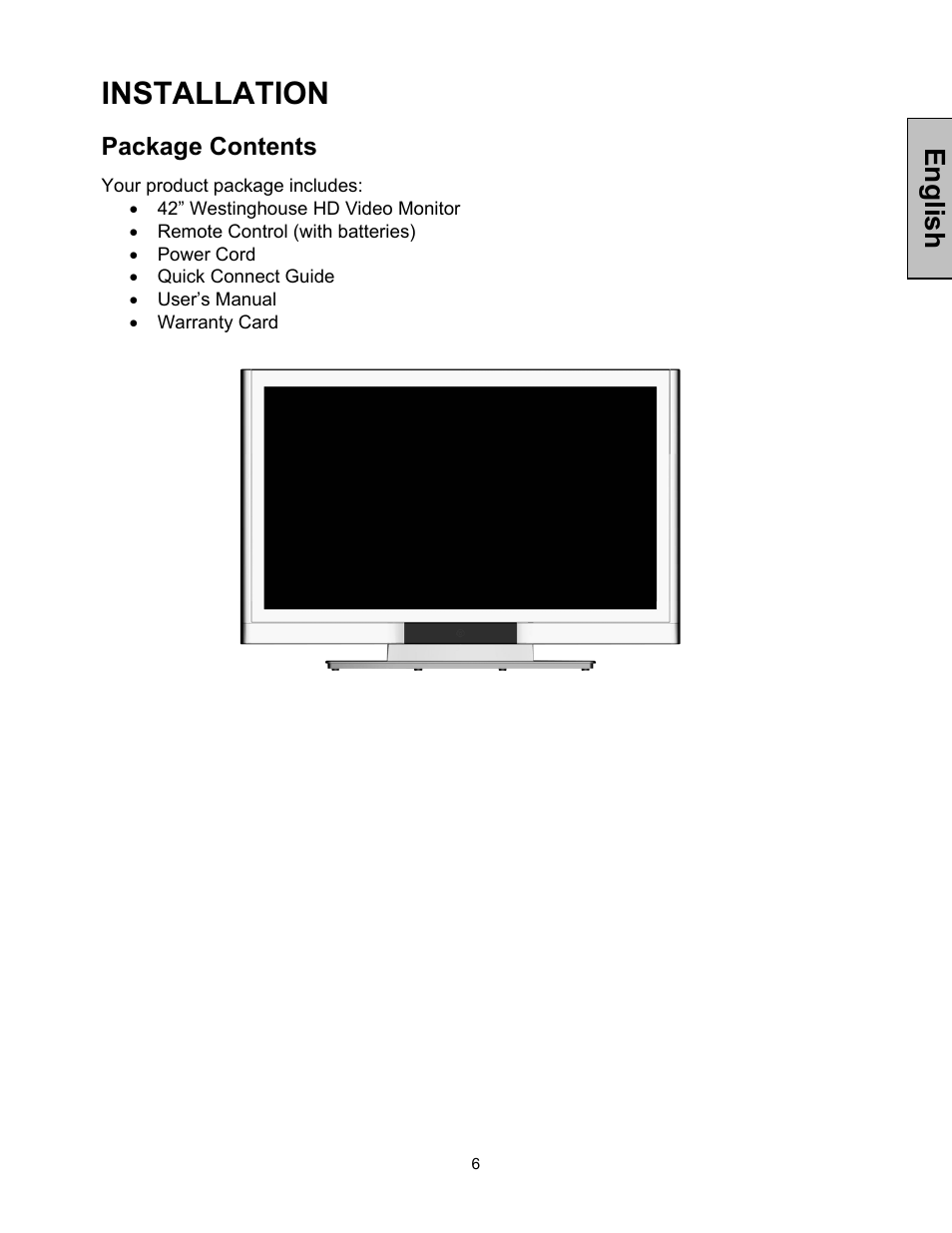 Installation, English, Package contents | Westinghouse 42-w2 User Manual | Page 8 / 24