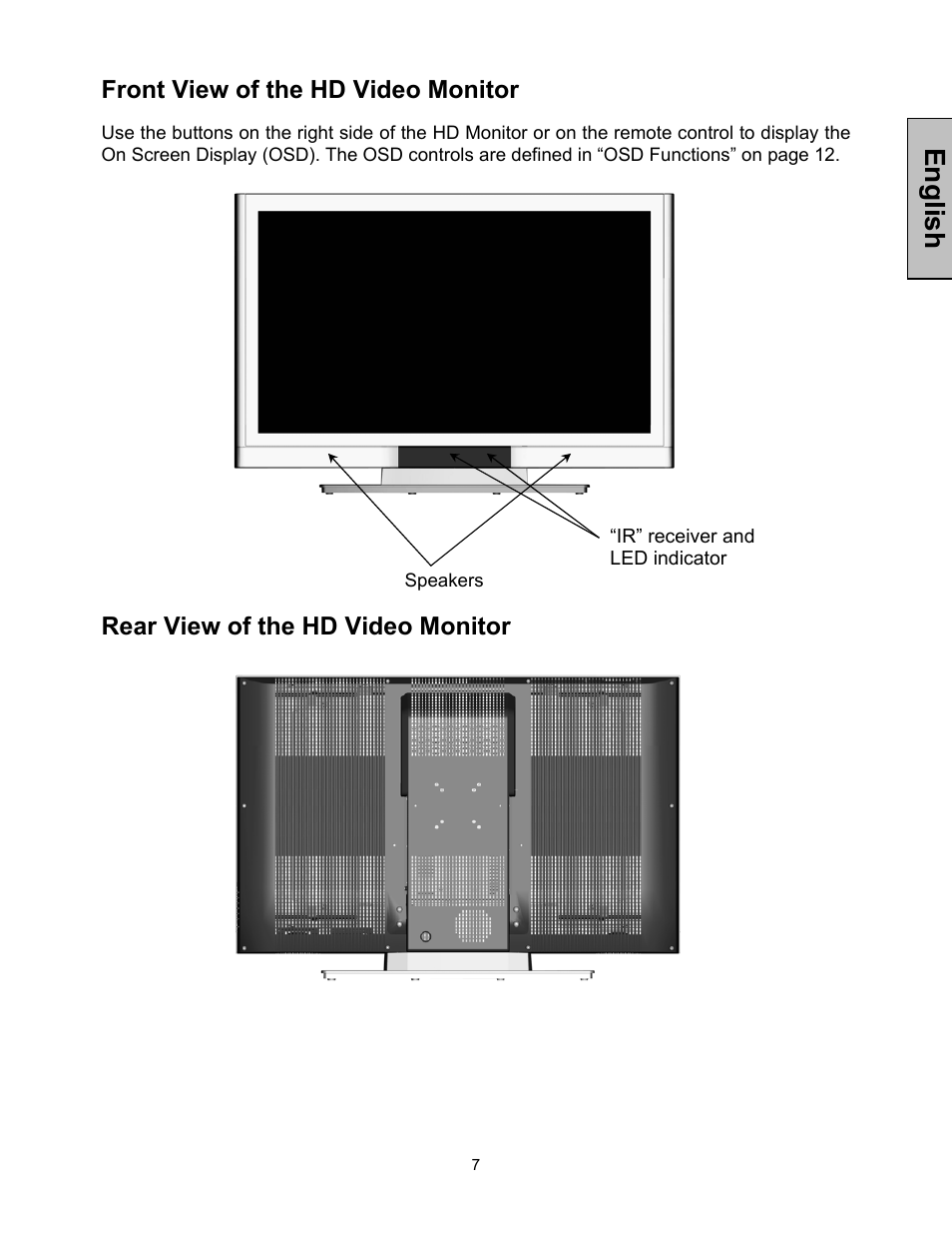 English, Front view of the hd video monitor, Rear view of the hd video monitor | Westinghouse 42-w2 User Manual | Page 9 / 24