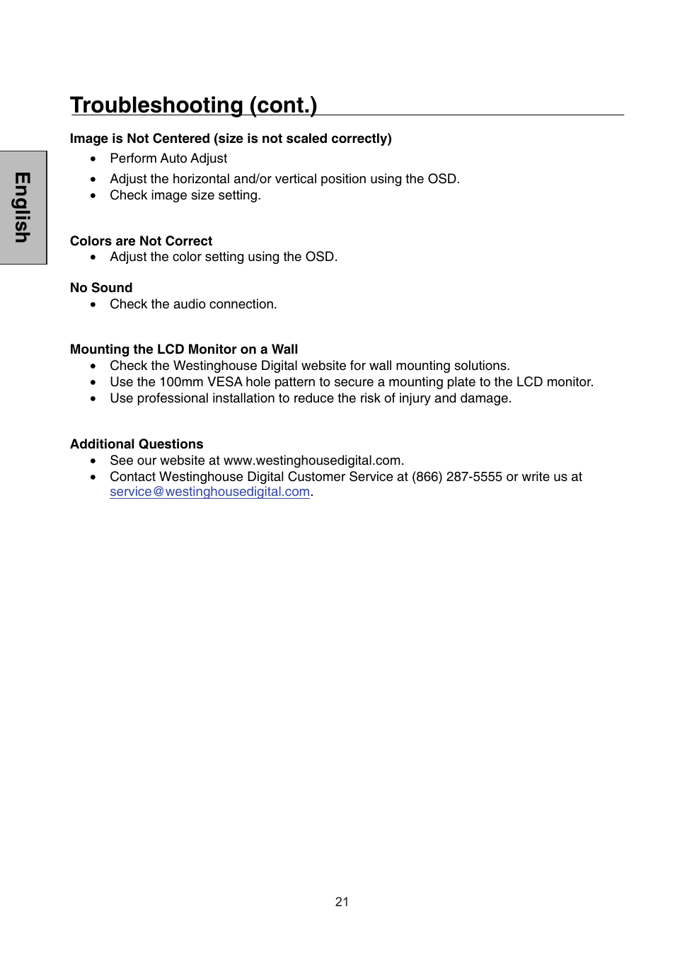 Troubleshooting (cont.), English | Westinghouse L1928NV User Manual | Page 23 / 74