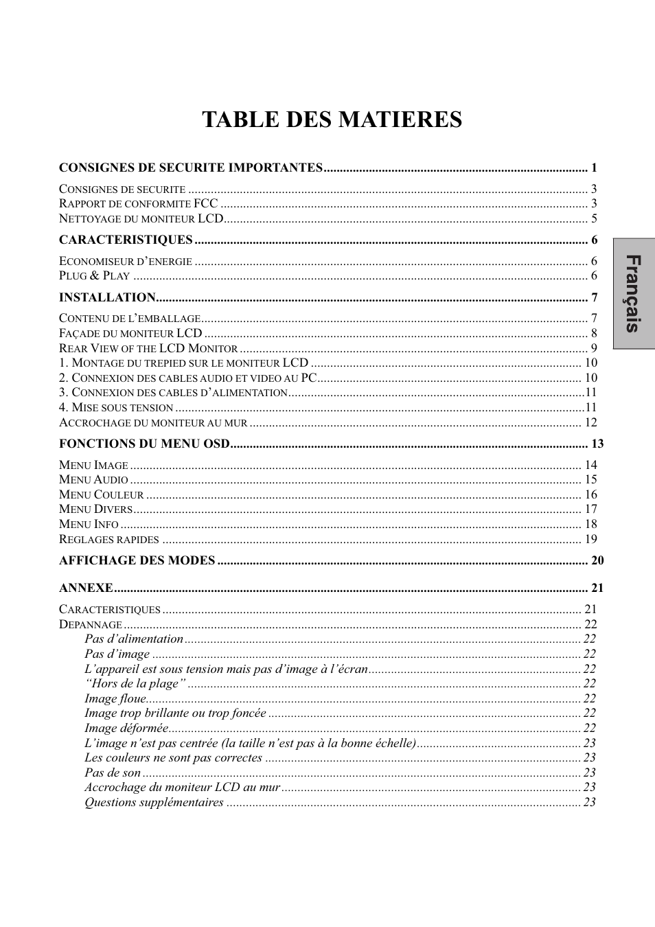 Table des matieres | Westinghouse L1928NV User Manual | Page 24 / 74