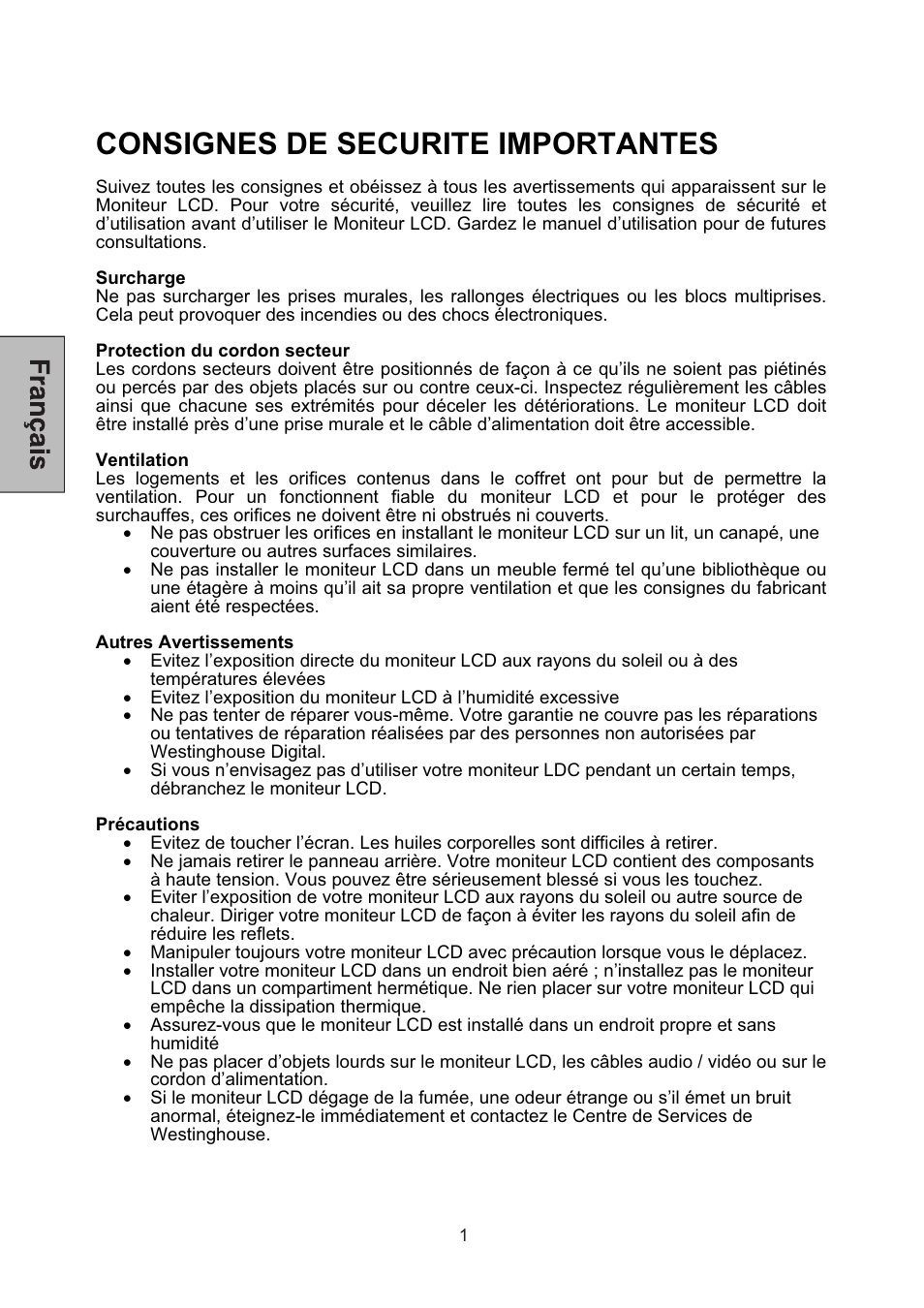 Consignes de securite importantes | Westinghouse L1928NV User Manual | Page 25 / 74