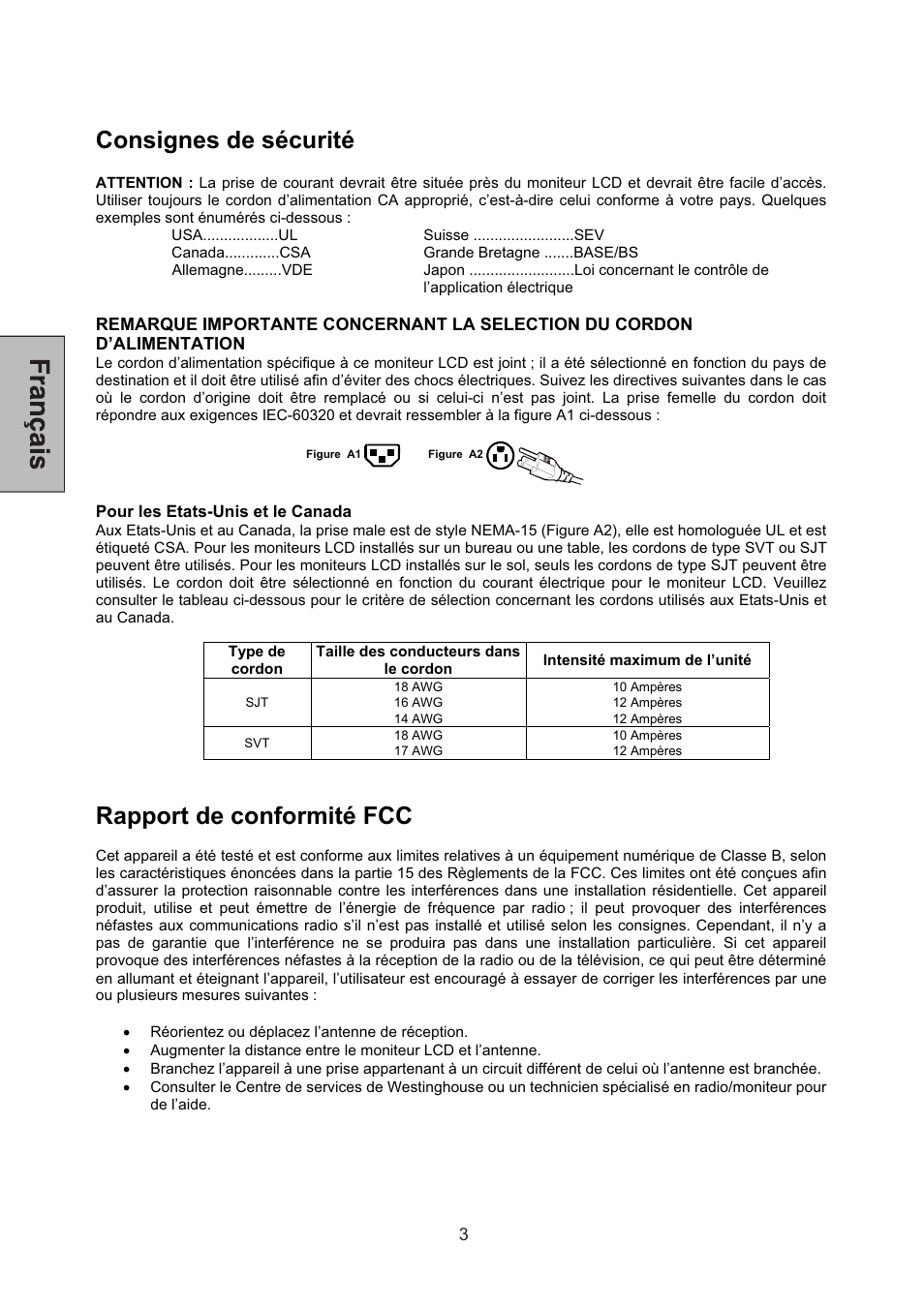 Consignes de sécurité, Rapport de conformité fcc | Westinghouse L1928NV User Manual | Page 27 / 74