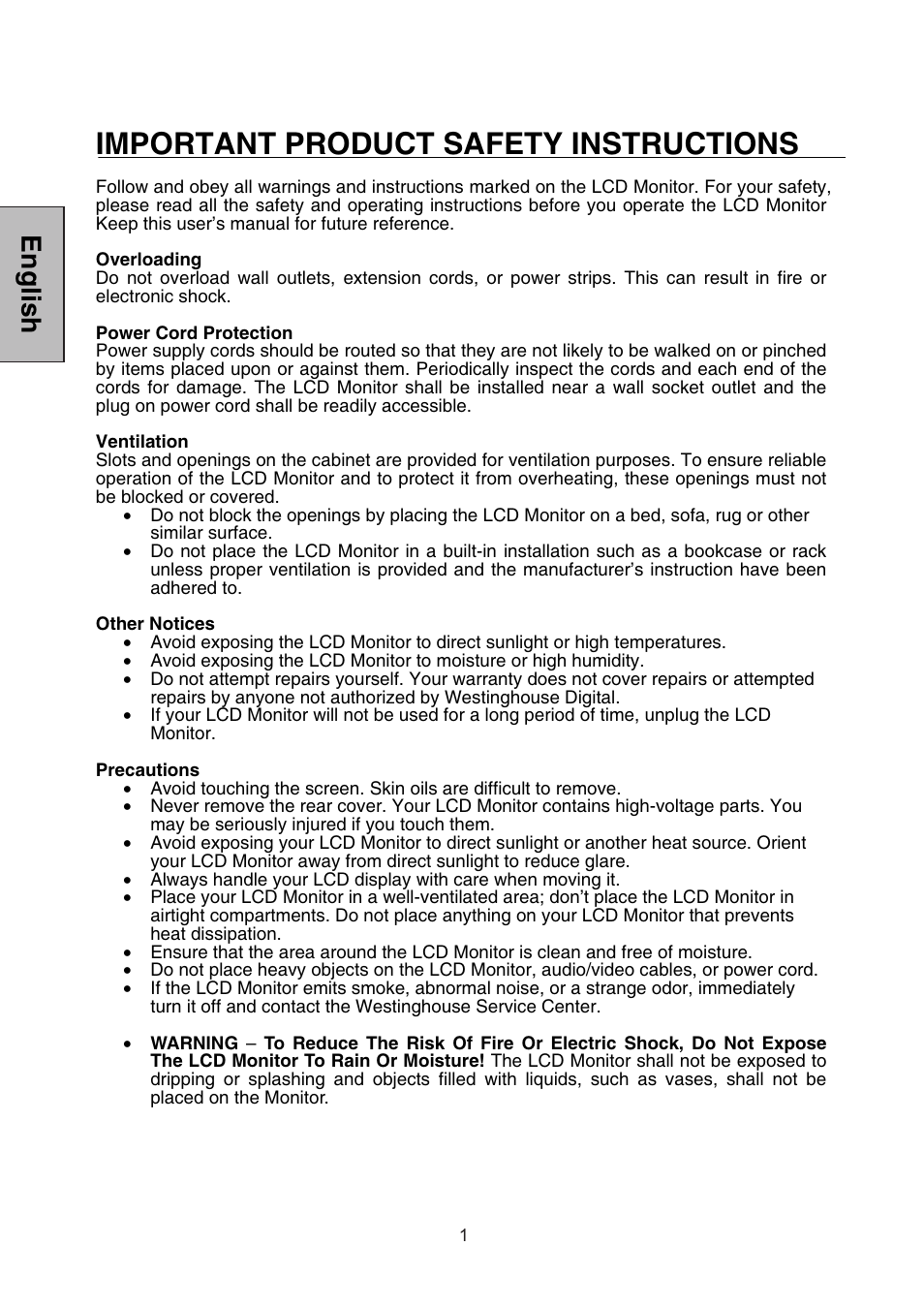 Important product safety instructions, English | Westinghouse L1928NV User Manual | Page 3 / 74