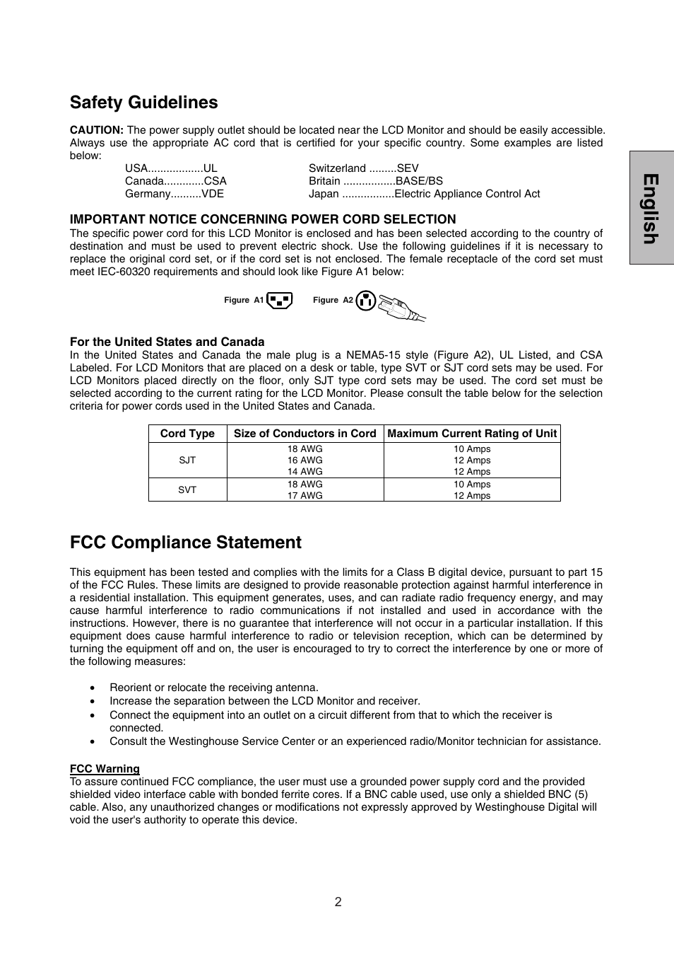English, Safety guidelines, Fcc compliance statement | Westinghouse L1928NV User Manual | Page 4 / 74