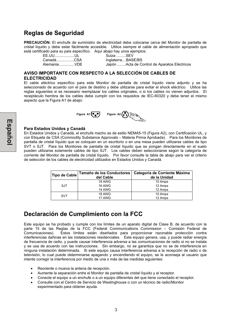 Reglas de seguridad, Declaración de cumplimiento con la fcc | Westinghouse L1928NV User Manual | Page 52 / 74