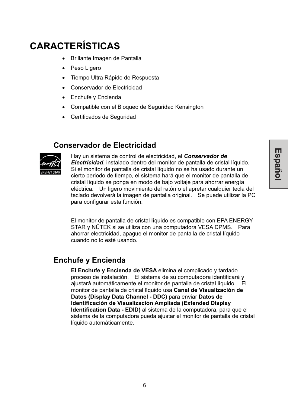 Características, Conservador de electricidad, Enchufe y encienda | Westinghouse L1928NV User Manual | Page 55 / 74