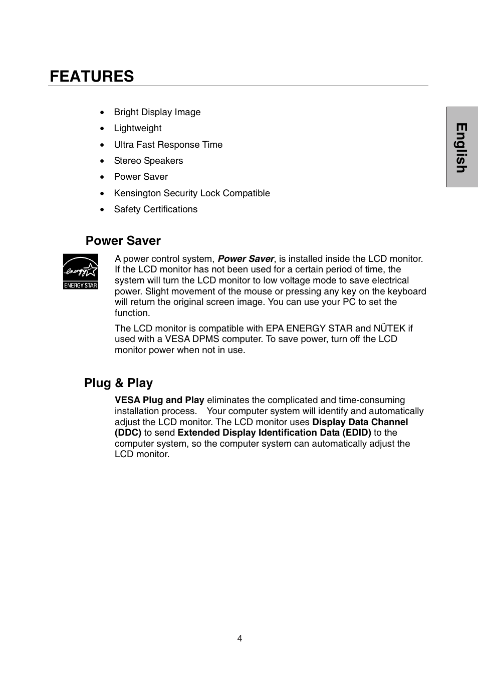 Features, English | Westinghouse L1928NV User Manual | Page 6 / 74