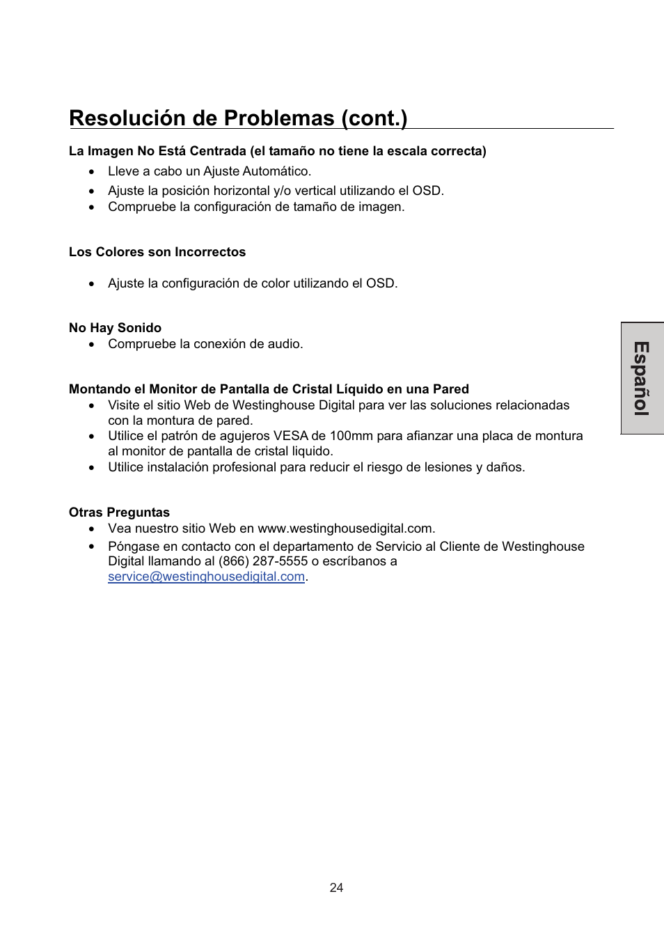 Resolución de problemas (cont.) | Westinghouse L1928NV User Manual | Page 73 / 74