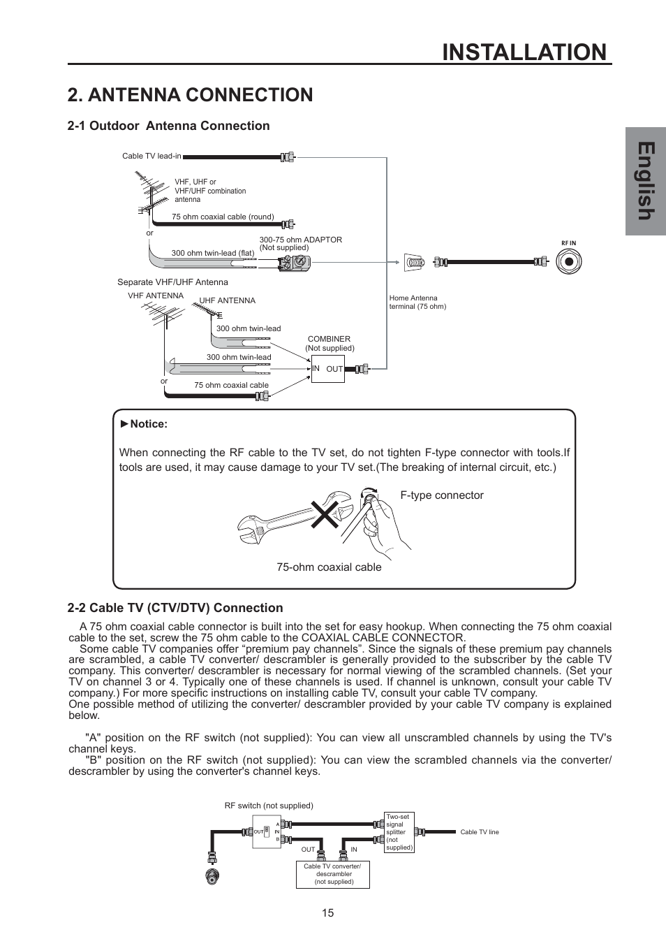 Installation, English, Antenna connection | 1 outdoor antenna connection, 2 cable tv (ctv/dtv) connection | Westinghouse SK-26H590D User Manual | Page 16 / 66