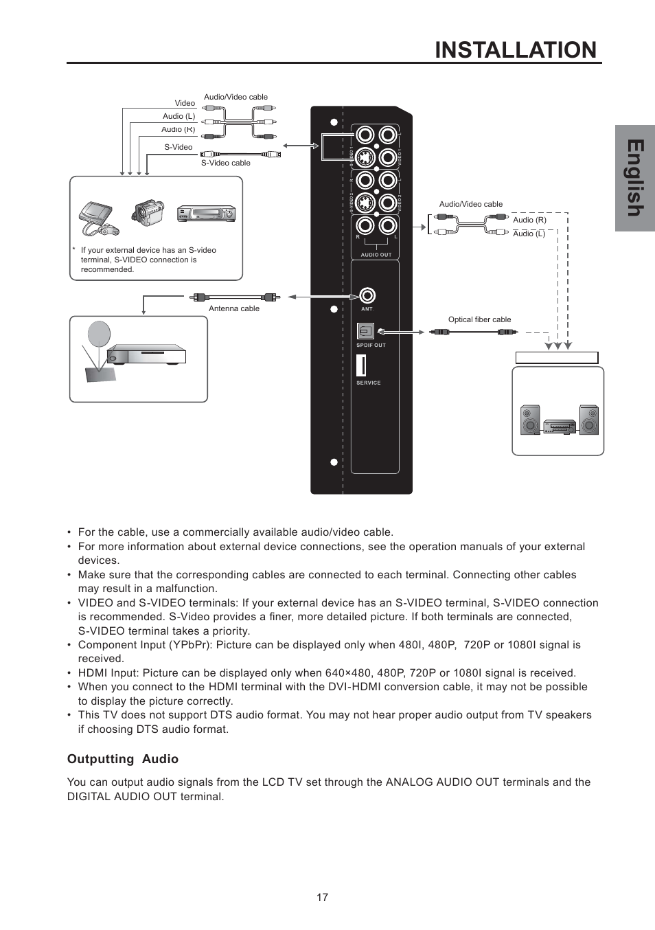 Installation, English, Outputting audio | Westinghouse SK-26H590D User Manual | Page 18 / 66