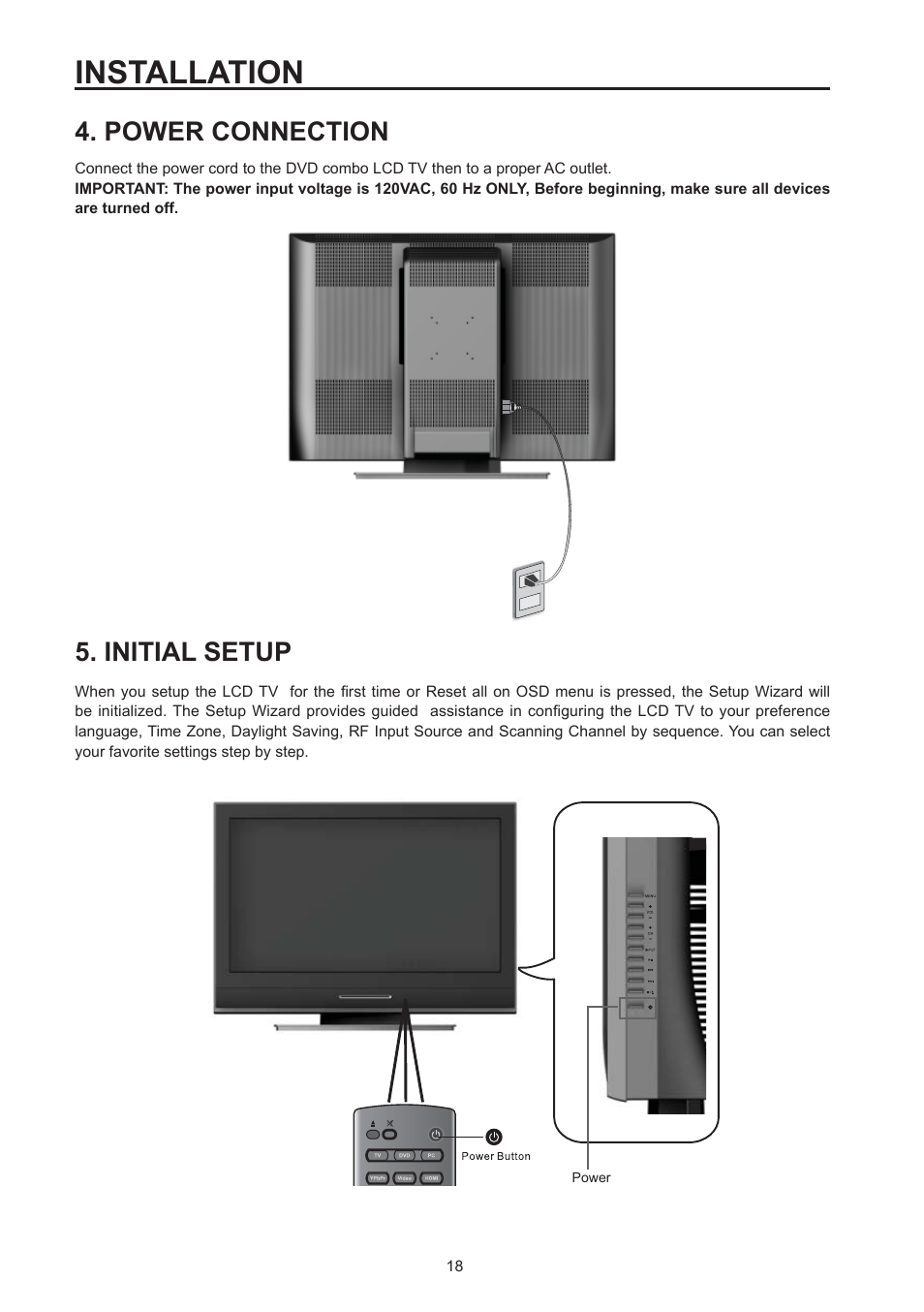 Installation, Power connection, Initial setup | Westinghouse SK-26H590D User Manual | Page 19 / 66