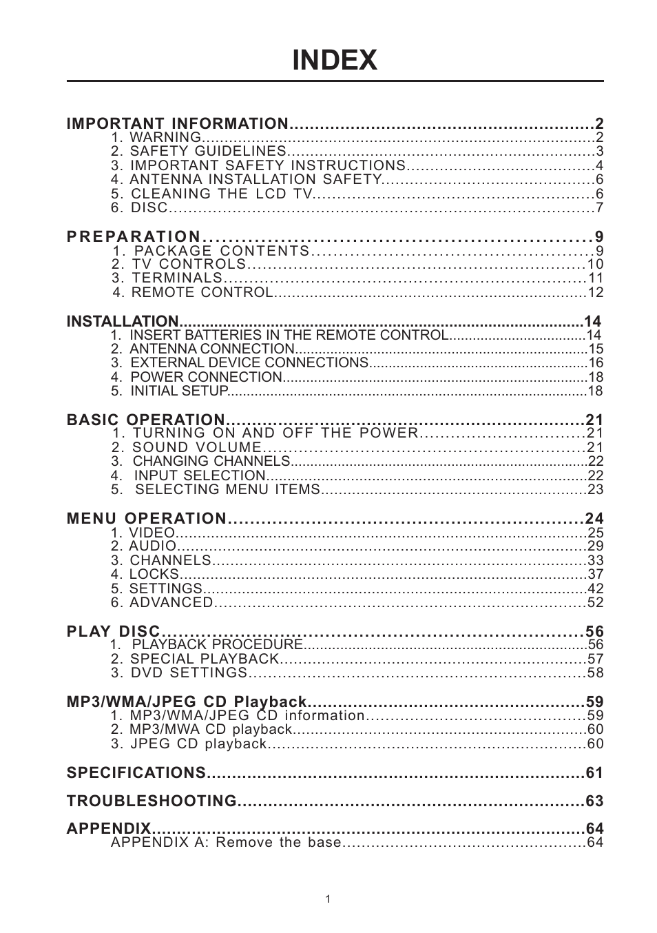 Index | Westinghouse SK-26H590D User Manual | Page 2 / 66